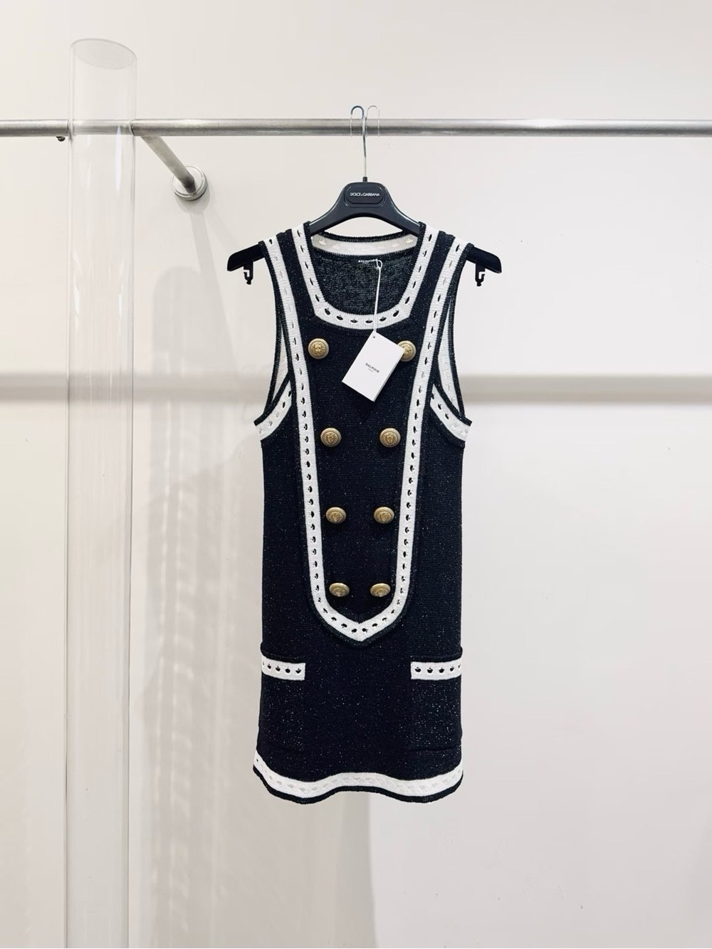 Balmain Black & White Sleeveless Double-Breasted Knit Mini Dress